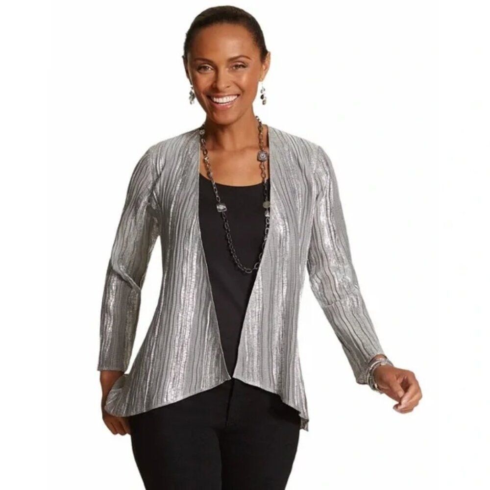 Chico's Forma Jacket Size 1 (8) Silver Sparkle Open Front NWT